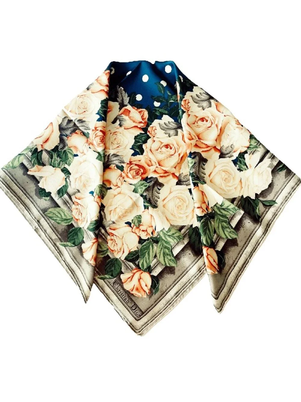 Vintage Christian Silk Scarf with Roses & Polka Dots